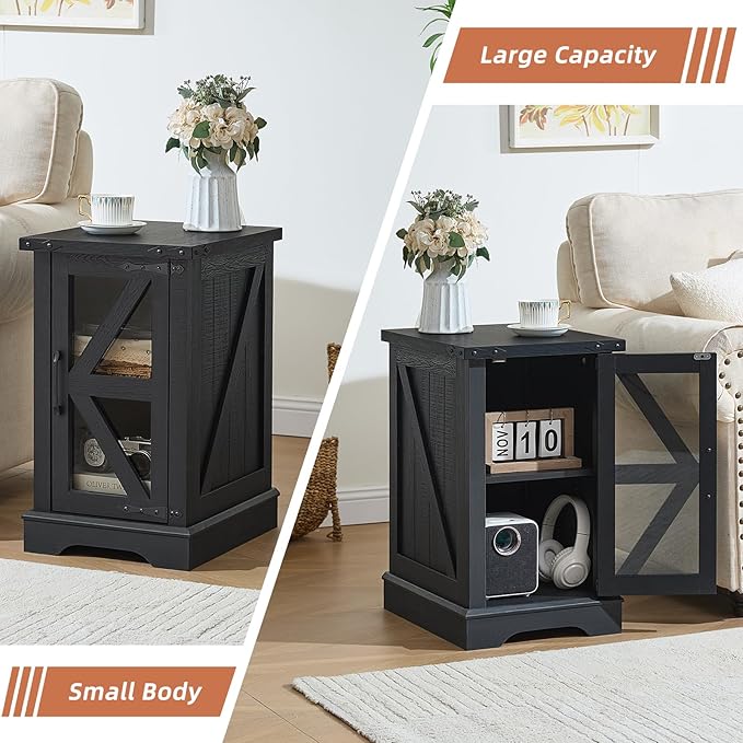 Farmhouse Coffee Table Sets 3 Pieces, Narrow Night Stand with Glass Barn Door Storage, Large Coffee Tables with Hidden Storage Organizer, Wood Furniture Sets for Living Room, Office, Black