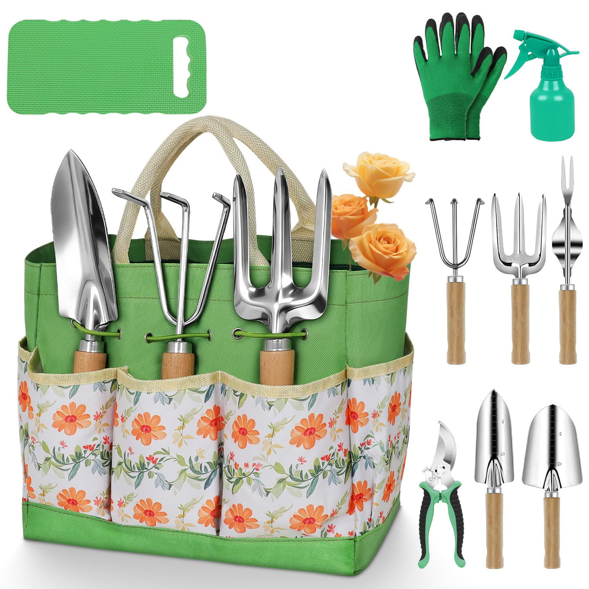 HoHaing Garden Tool Set, 10 Piece Kit with Heavy Duty Folding Stool, Detachable Storage Tote Bag, Stainless Steel Tools, Gifts for Women Men Green