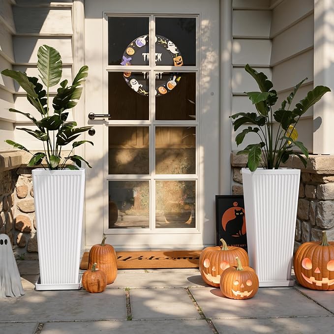 Square Tall Planters for Outdoor Plants Set of 2-23.6" Modern Tapered Indoor Flower Pots with Drainage Holes/Partition/Tray, Large Outdoor Planters for Porch Patio Garden Front Porch, White