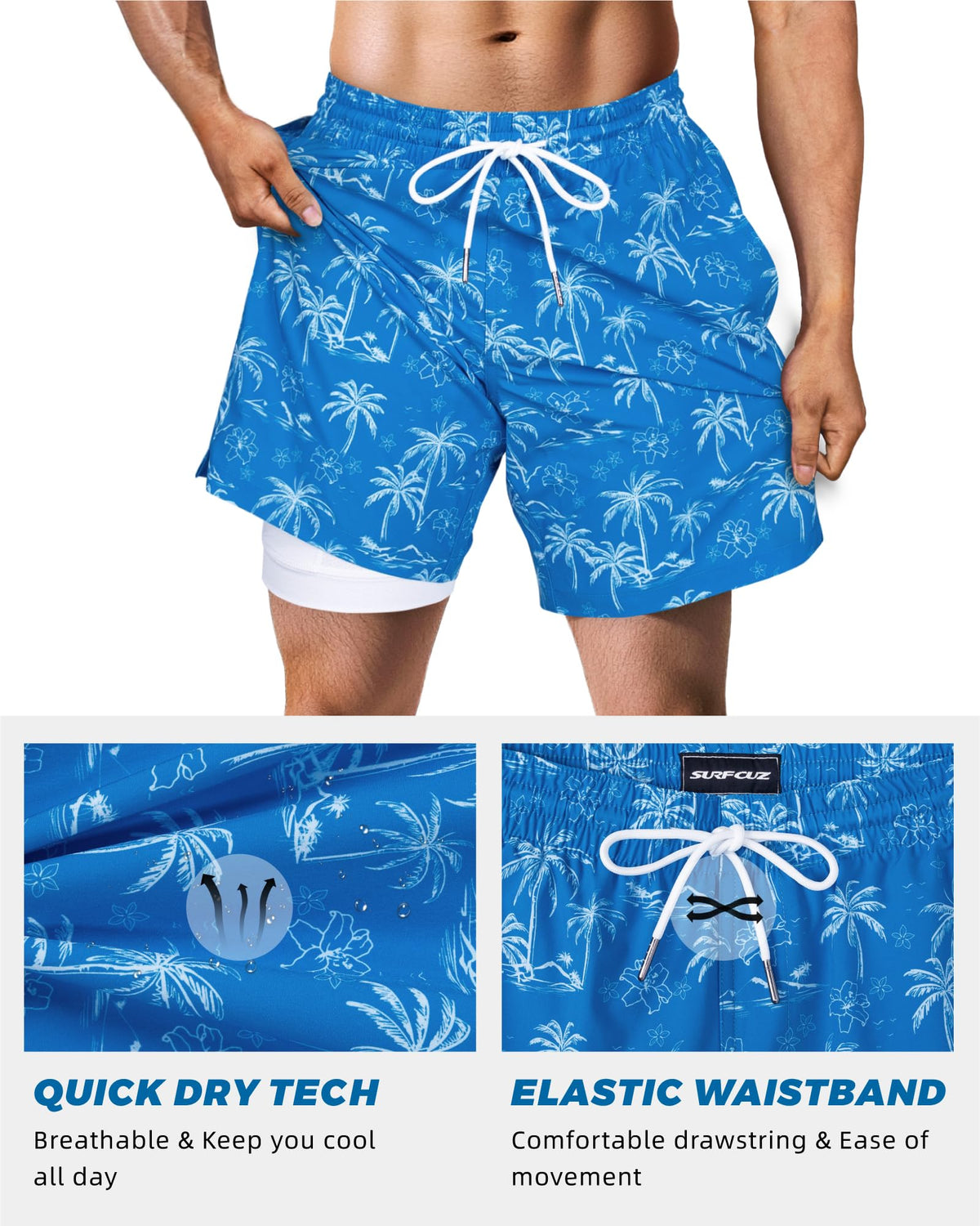 SURF CUZ Mens Swim Trunks with Compression Liner Quick Dry Swim Shorts 7" Swimming Trunks Stretch Zipper Pockets Blue Palm Island Large