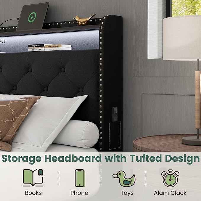 LARMACE Queen Size Bed Frame with Storage & LED Lights & USB Type-C Charging Station,Velvet Upholstered Platform Bed with Headboard and 4 Drawers, No Box Spring Needed, Easy Assembly, Black