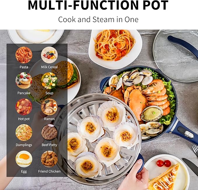 AUTUCU 3-Quart Electric Hot Pot & wok Nonstick with Steamer | Electric Skillet 1200W for Dorm, Home, Gifts (Includes Silicone Spatula) Multi-Cooker