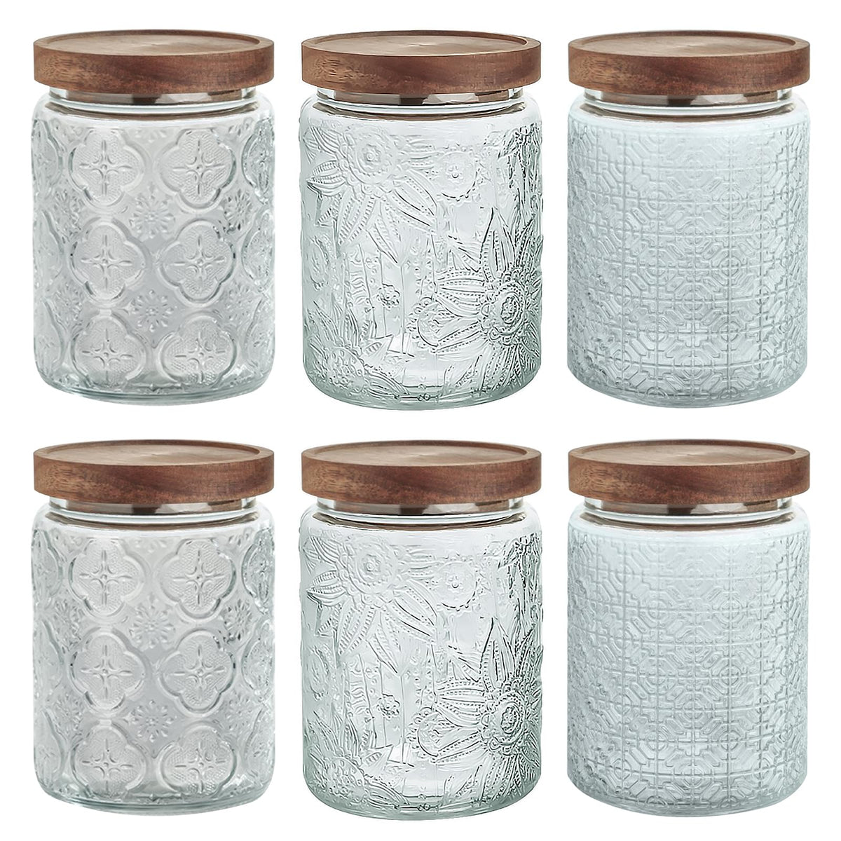 24 OZ/4 PCS Glass Storage Jar with Airtight Bamboo Wooden Lids, Vintage Food Containers Canisters Sets for Kitchen Counter Pantry, Sugar, Flour, Candy, Tea, Coffee Beans, Oats, Grain Bin, Pasta,