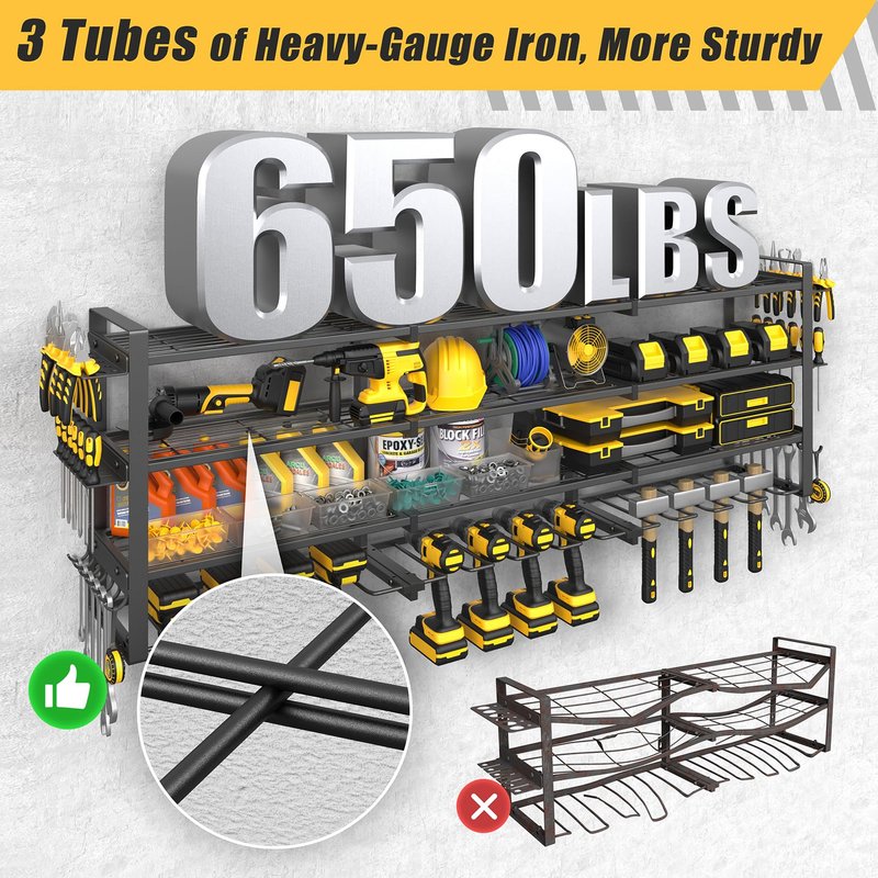 Jusgym Large 49''W Power Tool Organizer Wall Mount |650lbs Tool Garage Storage Rack with 12 Cordless Drill Holder |4-Tier Heavy Duty Garage Organization |Gifts for Men