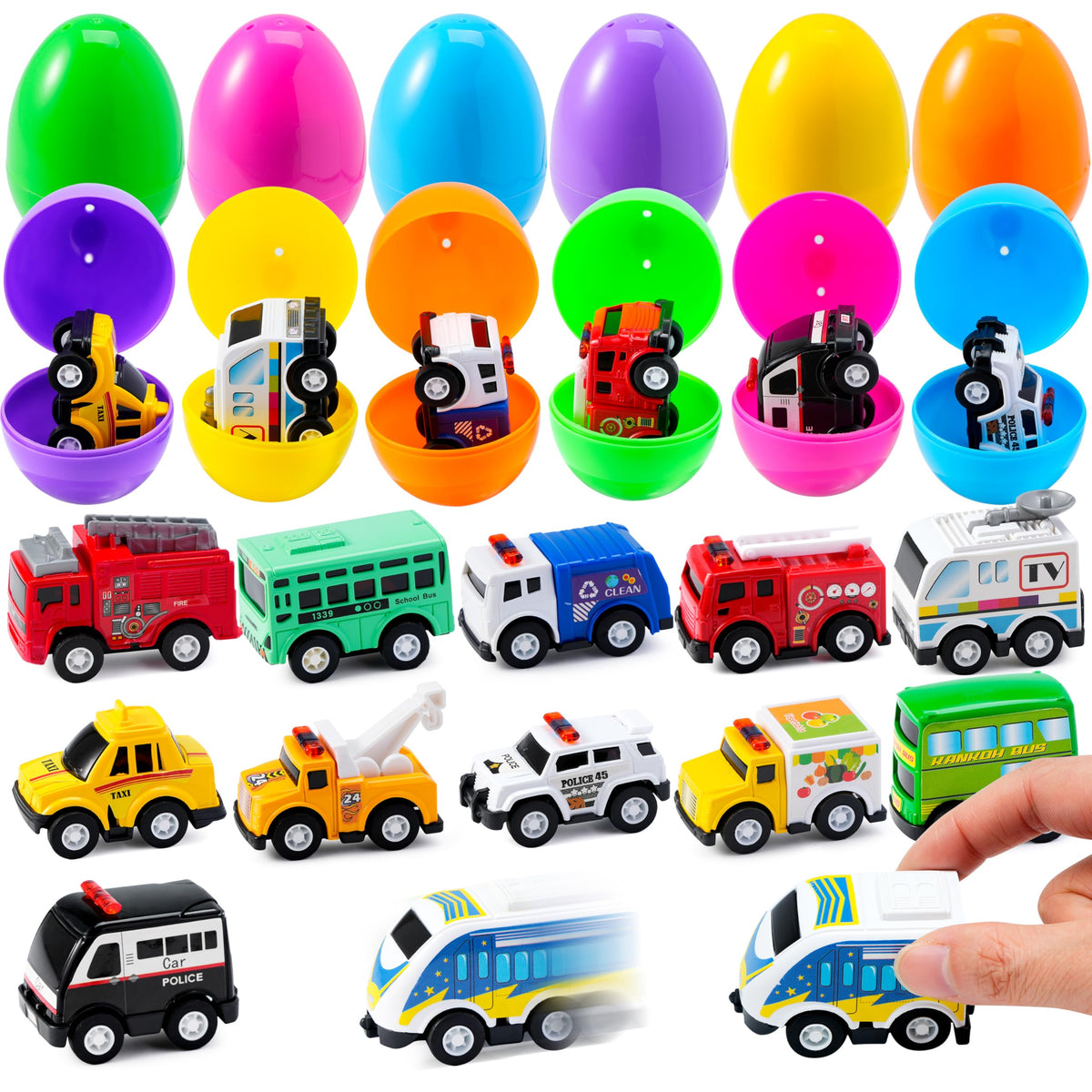 JOYIN 12 Pcs Prefilled Easter Eggs with Toys, Plastic Eggs with Alloy Pull Back Cars, Easter Basket Stuffers, Party Favors for Kids, Classroom Prize Supplies