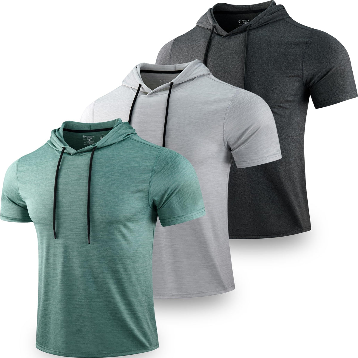 Liberty Pro 3 Pack: Men's Lightweight Short Sleeve Workout Hoodies, Athletic Dry Fit Hooded T Shirts for Gym Running (Set 2, 3X-Large)
