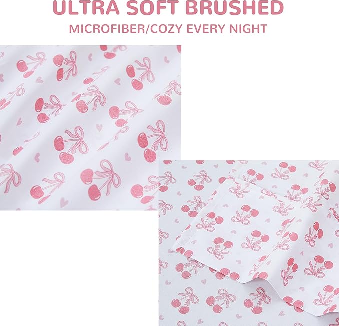 Viviland 4 Pieces Girls Pink Full Sheet Set - Soft Microfiber Fitted Flat Sheets & Pillowcase - Pink Cherry Bow Print Bedding Sets - for Kids & Toddlers