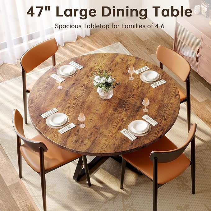 Concho 47" Round Kitchen Dining Room Table for 4-6,Circle Dining Dinner Table with Pedestal Metal Frame,Space Saving Wood Kitchen & Dining Room Furniture, Rustic Brown