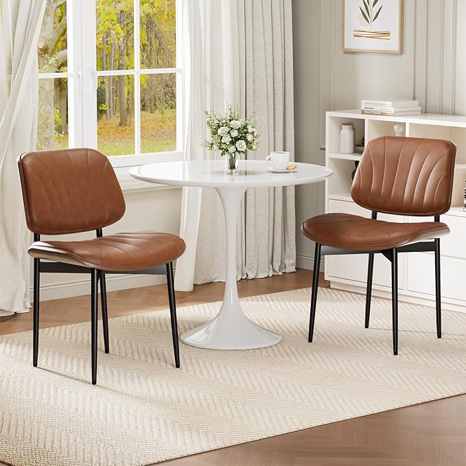 Dining Chairs Set of 8, Mid-Century Modern Upholstered PU Leather Chairs with Walnut Bentwood Back and Metal Legs Adjustable Feet for Kitchen Dining Room, Camel Shell Strips