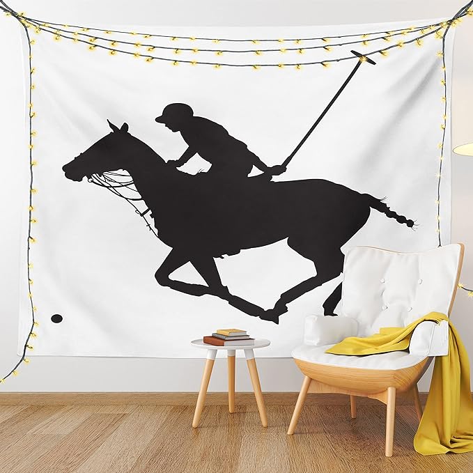 Ambesonne Sports Tapestry King Size, Silhouette Illustration of Polo Player on a Horse Hitting a Ball Print, Wall Hanging Bedspread Bed Cover Wall Decor, King Size, Charcoal Grey