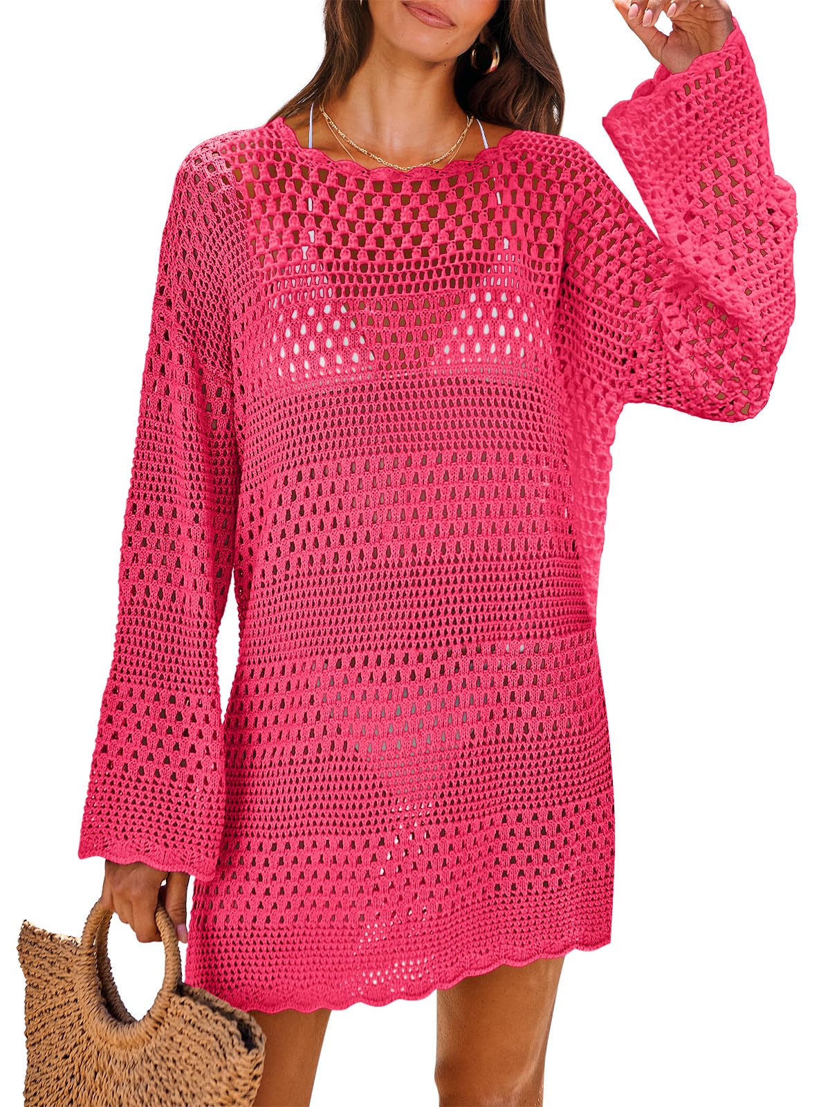 ANRABESS Women Swimsuit Crochet Swim Cover Up 2026 Summer Bathing Suit Swimwear Mesh Knit Beach Dress Vacation Outfits Rose X-Large