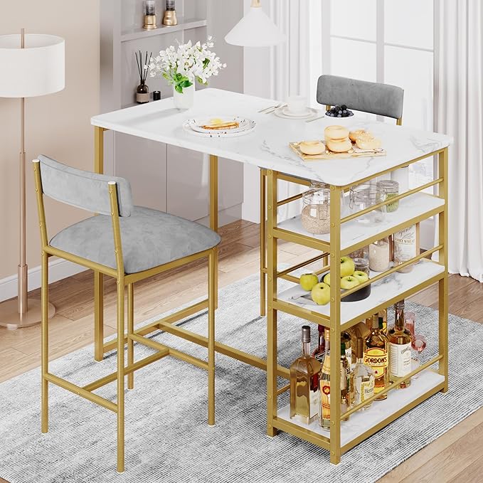 GAOMON Dining Table Set for 2, Kitchen Table and Upholstered Chairs for 2, 3 Piece Counter Height Bar Kitchen Table Set with 3 Storage Shelves for Small Space, Apartment, Velvet Gray and Gold White