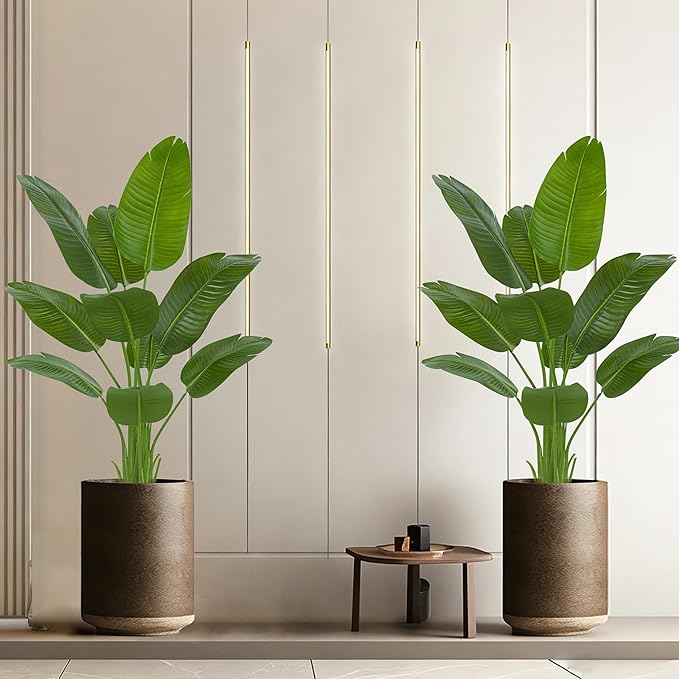 Pack 2 Artificial Bird of Paradise Plant 5FT Fake Palm Tree Feaux Plants in White Pot Artificial Tree Fake Plant for Indoor Outdoor Modern Decoration for Home Living Room Office