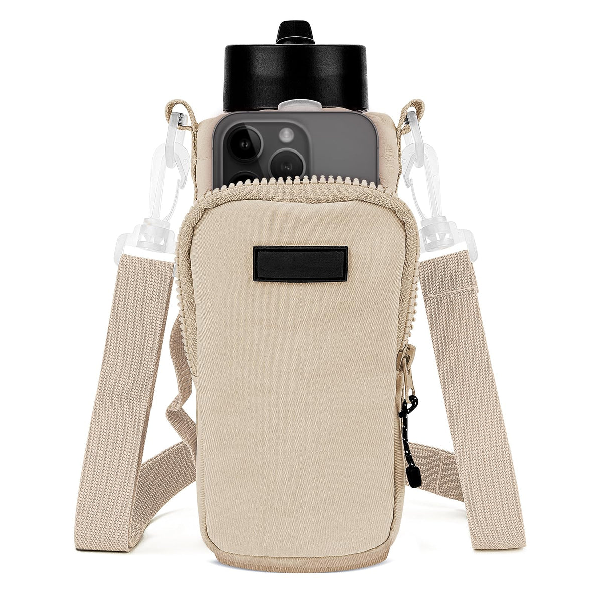 Linkidea Water Bottle Carrier with Strap Compatible with YETI Rambler Bottle 18oz/26oz, Owala FreeSip 24oz/32oz, Waterbottle Sling Bag Holder, Shoulder Strap with Phone Pocket (Beige)