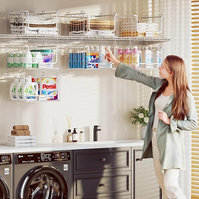 5-Tier Hanging Laundry Room Organizer with Label Cards,Foldable Wire Shelf Basket with 4 Rotating Hooks,Stacked Laundry Basket Organizer,Storage Rack for Laundry Rooms,Closet and Pantry-White