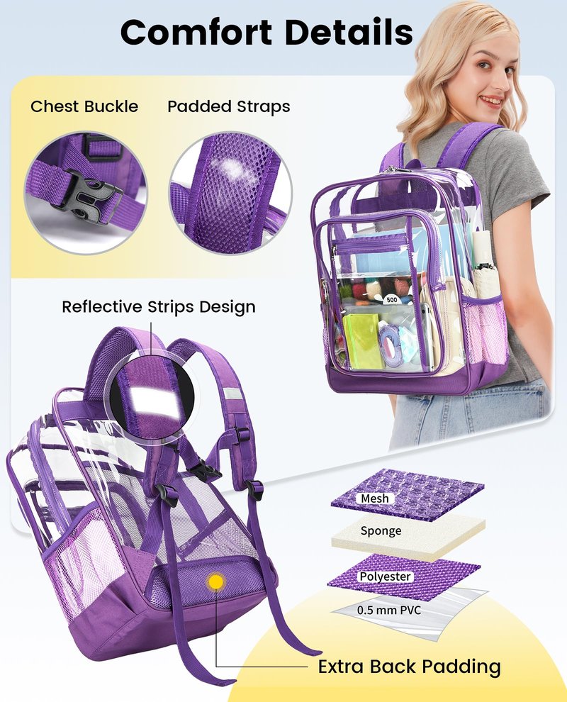 Vorspack Clear Backpack Heavy Duty - Extra Large Clear Backpacks with TSA Lock Transparent See Through Bookbag for School, Work, College, Travel - Purple