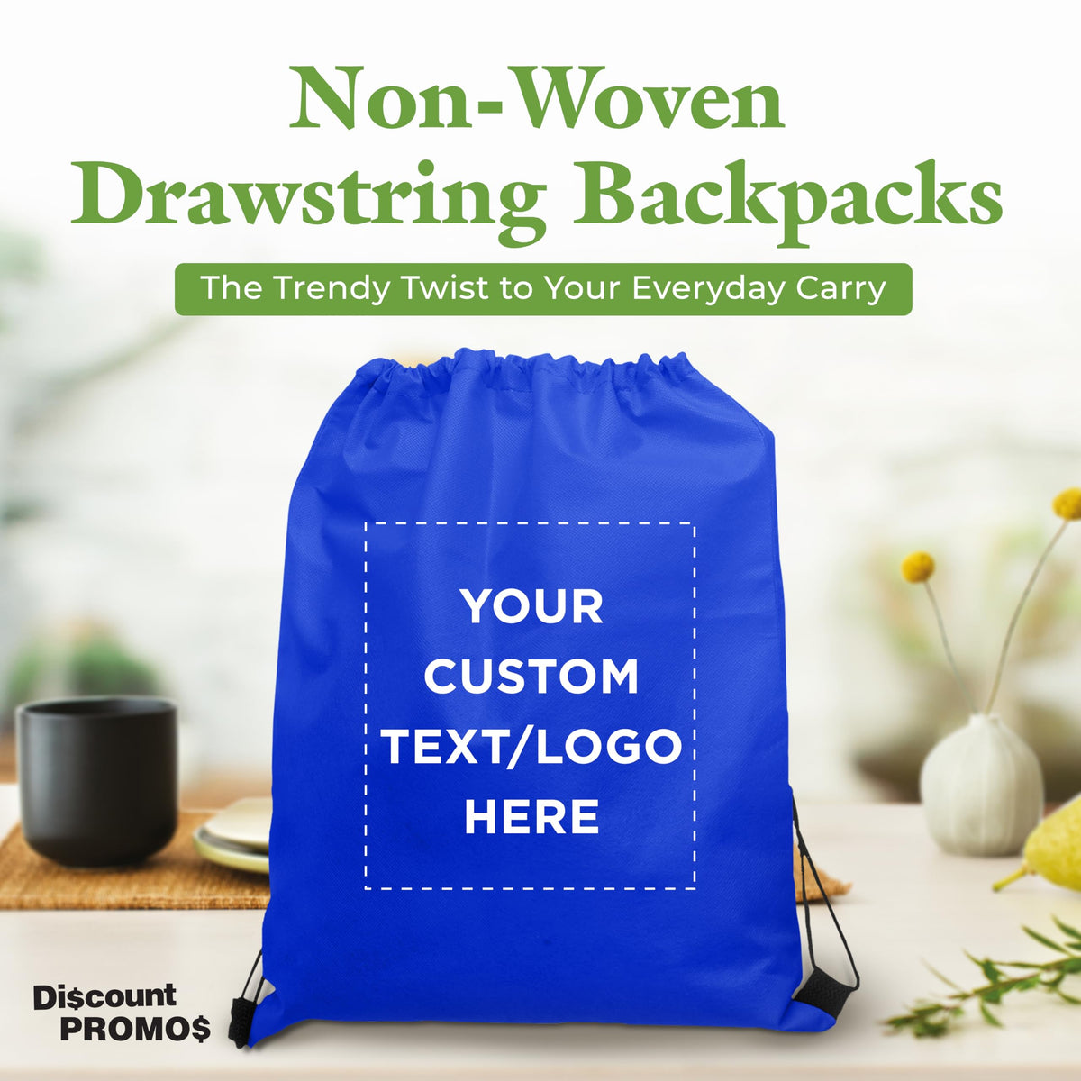 DISCOUNT PROMOS Custom Non-Woven Drawstring Backpacks Set of 10/50/100, Personalized Bulk Pack - Travel, Gym, Everyday Use - Blue