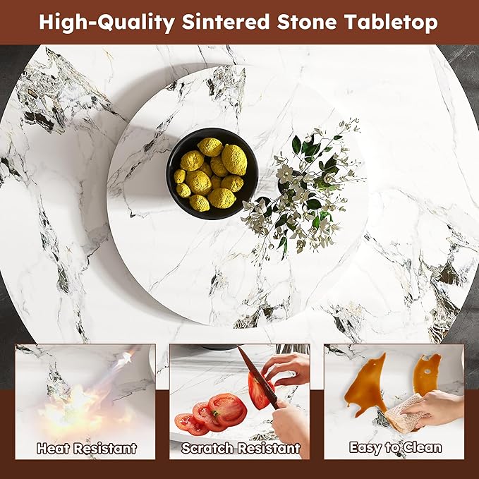Dining Table Set with 4 Chairs, 59" Round Modern Marble Dining Table with Lazy Susan, Sintered Stone Top for Kitchen, Dining Room, Dinette