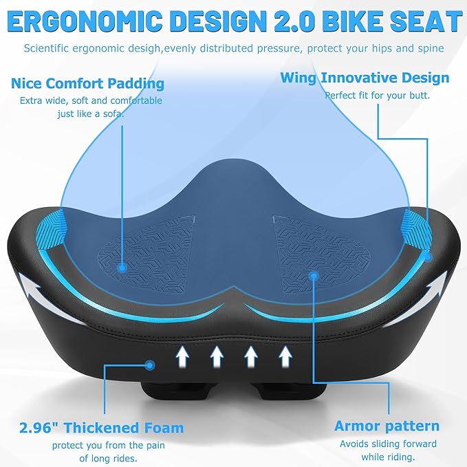 Noseless Oversized Bike Seat for Men Women Comfort, Extra Wide Padded Bicycle Seat Cushion, Large Comfortable Bike Saddle for Peloton, Stationary Exercise Bike, Beach Cruiser, City Bike, Ebike