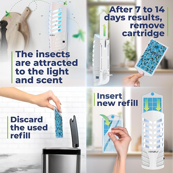 VEYOFLY Fruit Fly Traps for Indoors, Fly Trap Indoor, (2 Device + 6 Refills) Fly Catcher Indoor, Gnat Traps for House Indoor, Fly Trap, Plug in Light Flying Insect Trap, Bug Killer