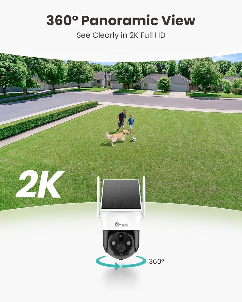 CAMSTRO 4G LTE Cellular Solar Security Camera Wireless Outdoor, 2K Camera No WiFi Needed with SIM Card, 360° Full View, PIR Motion Detection & Siren, 2 Way Talk, Color Night Vision, IP66