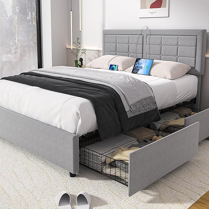 VECELO Queen Size Bed Frame with 4 Storage Drawers & Adjustable Headboard, Built-in Charging Station, Upholstered Bedframe with Wood Slats Support, Light Grey