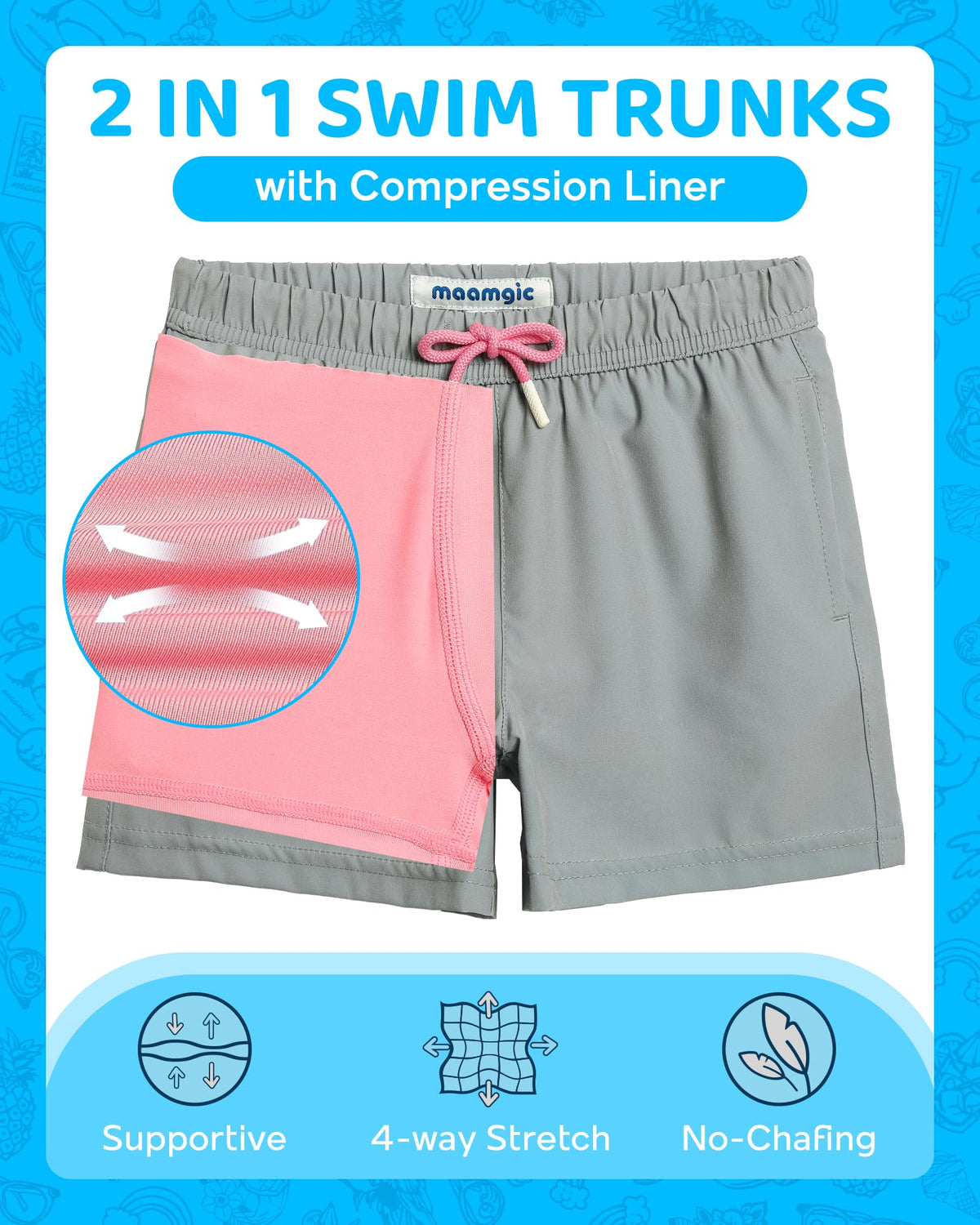 maamgic Boys Swim Trunks with Compression Liner 4-Way Stretch Quick Dry Swim Shorts Swimming Trunks Toddler Boy Gray Pink 5-6 Years