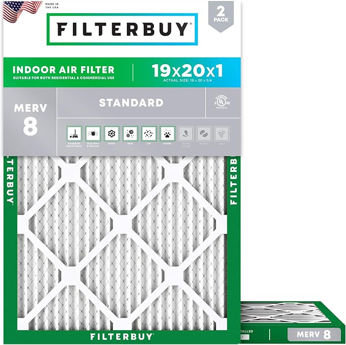 Filterbuy 19x20x1 Air Filter MERV 8 Essential Dust & Allergy Defense,