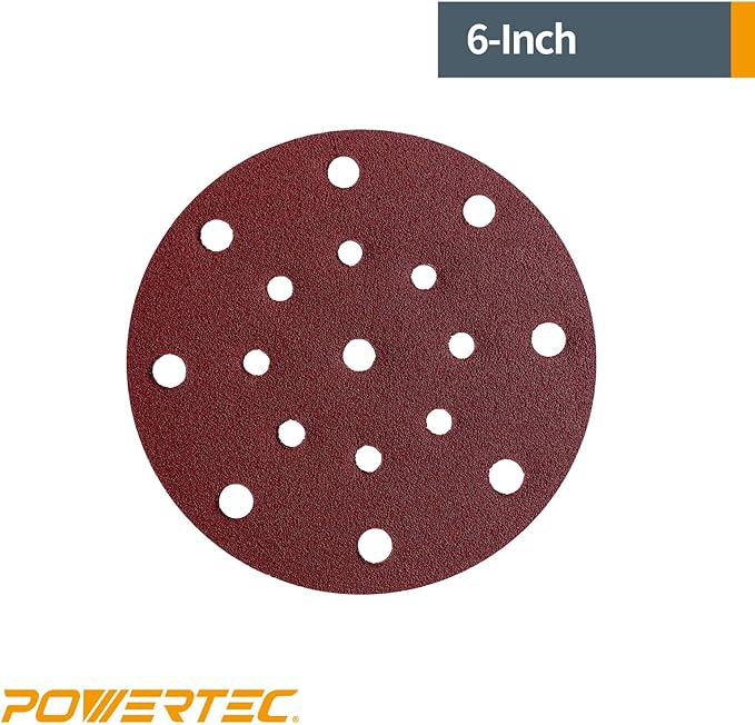 POWERTEC 45824, 6" x17 Holes, 240 Grit, A/O Hook and Loop Disc for Festool RO150 / ETS 150 Sander, Red, 50PK