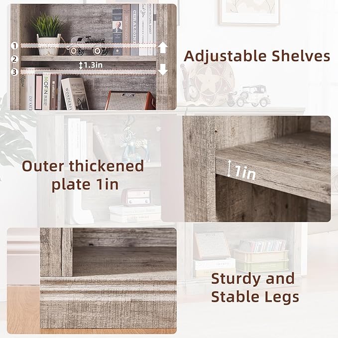 43" Grey Tall Bookshelf Set of 3,3-Tier Thick Wooden Book Shelf with Adjustable Shelves,Free Standing Farmhouse Bookcase with Open Display Storage,Floor Vintage Bookshelves for Living Room