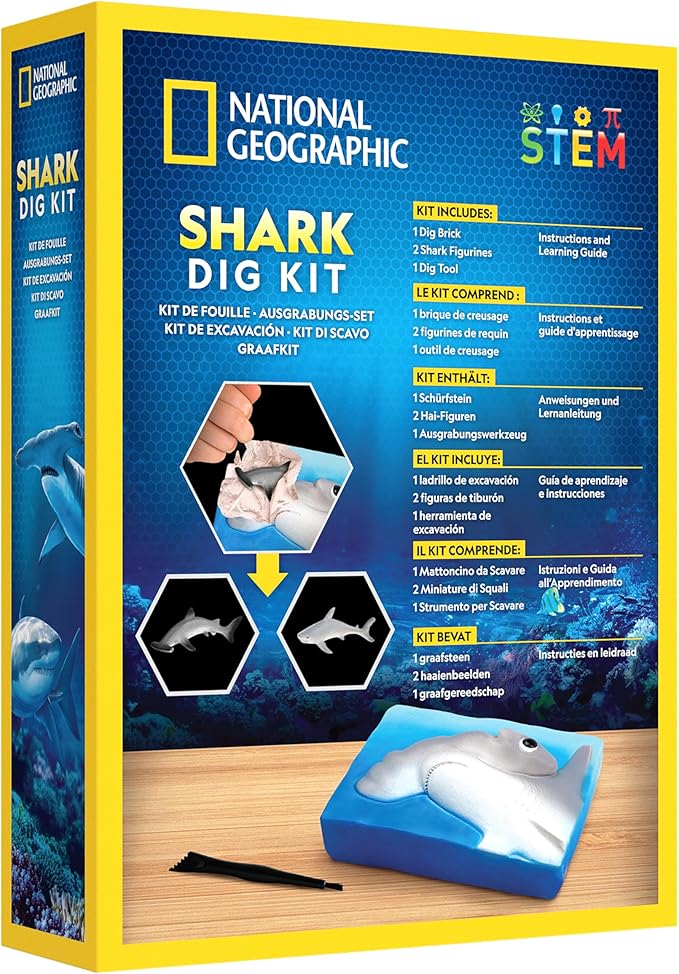 National Geographic Shark Dig Kit - Excavation Science Kit with 2 Shark Figurines for Kids, Includes Dig Tool, Science Kits for Kids Age 8-12