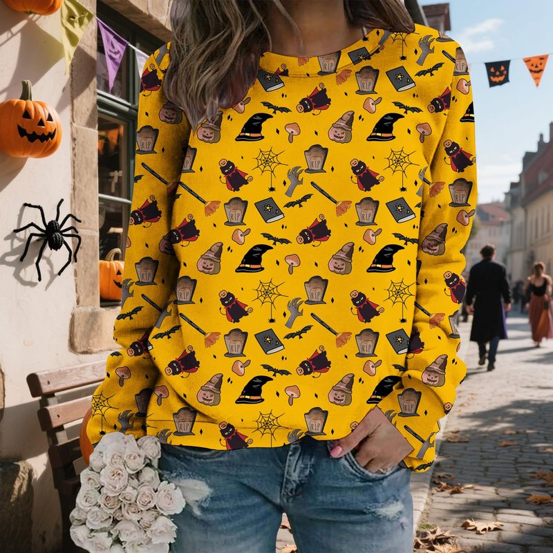 LOAIHA Womens Halloween Sweatshirt Pumpkin Ghost Pattern Long Sleeve Crew Neck Pullover Cotton Blend Casual Holiday Top
