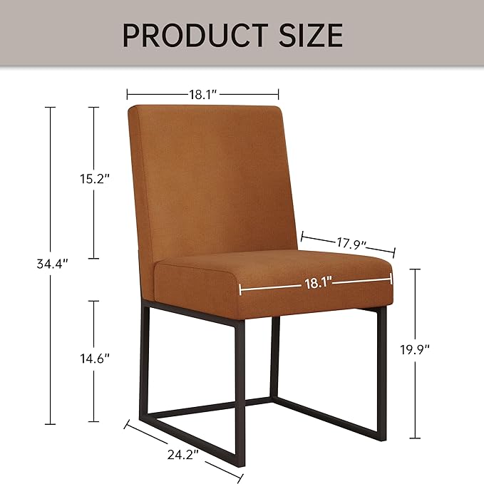 VKNOW Upholstered Dining Chairs Set of 2, Modern Dining Room Chairs, Linen Kitchen Chair Dinner Chair with Black Metal Base for Kitchen Office, Orange-Unstriped