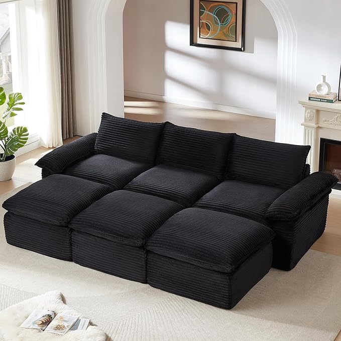 111" Cloud Sectional Couch, Corduroy Sectional Sofa with Ottoman, Boneless Couch with Deep Seat in a Box for Living Room, No Assembly Required (Black)
