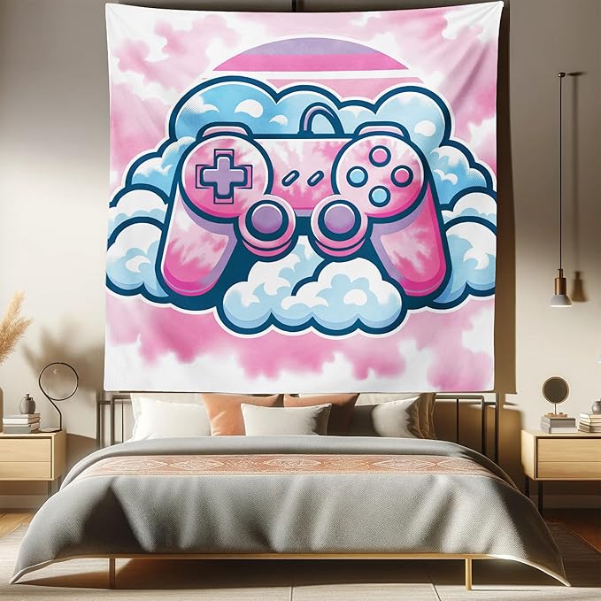 Ambesonne Pink Tapestry Queen Size, Girly Gamer Concept Design with a Controller and Clouds on a Soft Tie Dye Sky, Wall Hanging Bedspread Bed Cover Wall Decor, 88" X 88", Purple Pale Blue