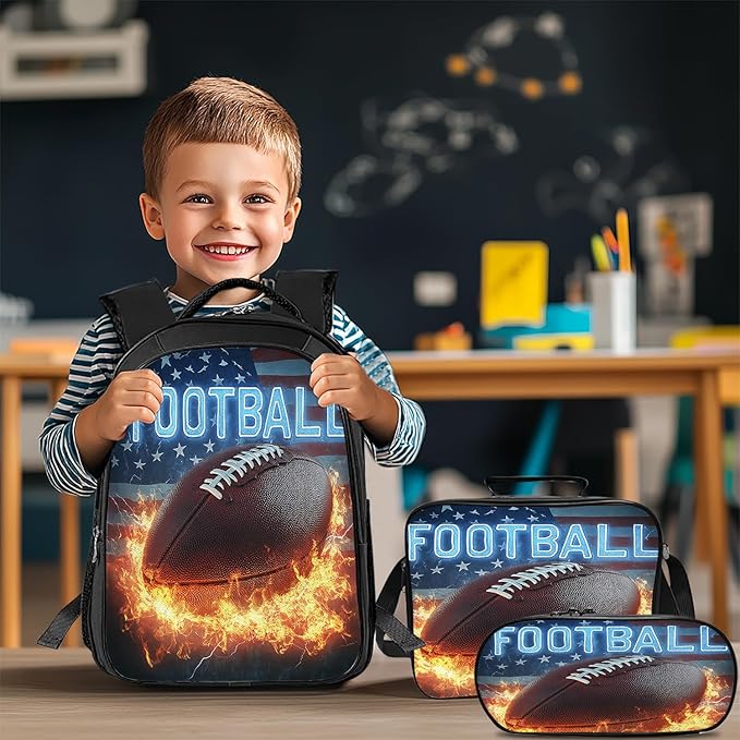 Football Backpack Set 3 Piece School Bags and Lunch Box with Pencil Case American Flag Football Bookbag Set for Toddler Kids Girls Boys Teens Kindergarten Elementary Middle