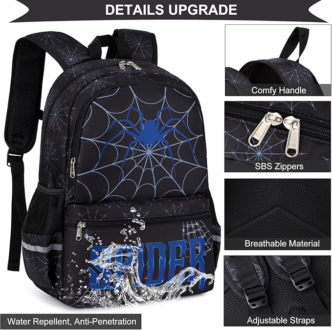 DSIUE Kids School Backpack Boys Spider Bookbag with Lunch Box Set, Kids Backpack for Kindergarten Elementary Middle School, Red