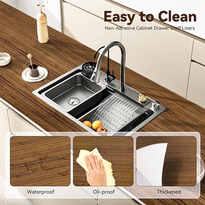 Drawer Shelf Liner for Kitchen Cabinets, Non Adhesive Slip Resistant Shelf Paper Easy to Clean, Strong Grip Thickened Waterproof Washable Mats for Pantry Shelves, Cupboard, Wood Grain, 17.5 in x 30 FT