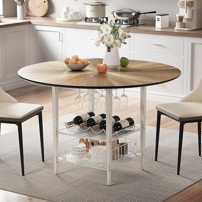 VFK 47 Inch Round Dining Table Set, Modern Wood Dining Table with Double Storage Rack, 2 Person Dining Table and Chair Set for Kitchen, Dining Room, Living Room