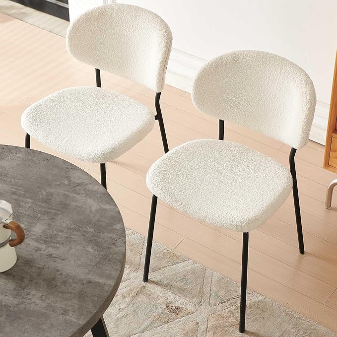 Modern Dining Table Set for 4, Industrial Kitchen Table Set, 37" Round MDF Living Coffee Table with 4 Seated Boucle Dining Chairs Upholstered, Metal Legs for Dining Hall, Living Room