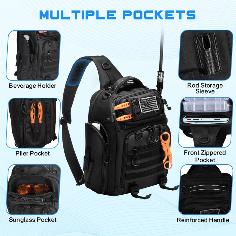 BAIXIXIG 18L Fishing Sling Bag with Removable Lure Wraps and Rod & Beverage Holder, Tackle Bag for Fishing Gear
