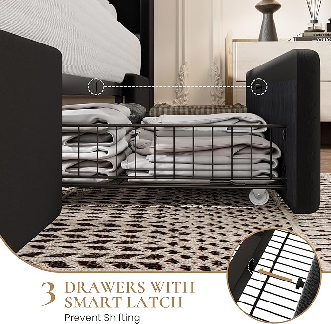 SHA CERLIN Full Size Bed Frame with 3 Drawers, USB & Type-C Charging Ports, Velvet Upholstered Platform Bed with Modern Geometric Wingback Storage Headboard, No Box Spring Needed, Easy Assembly, Black
