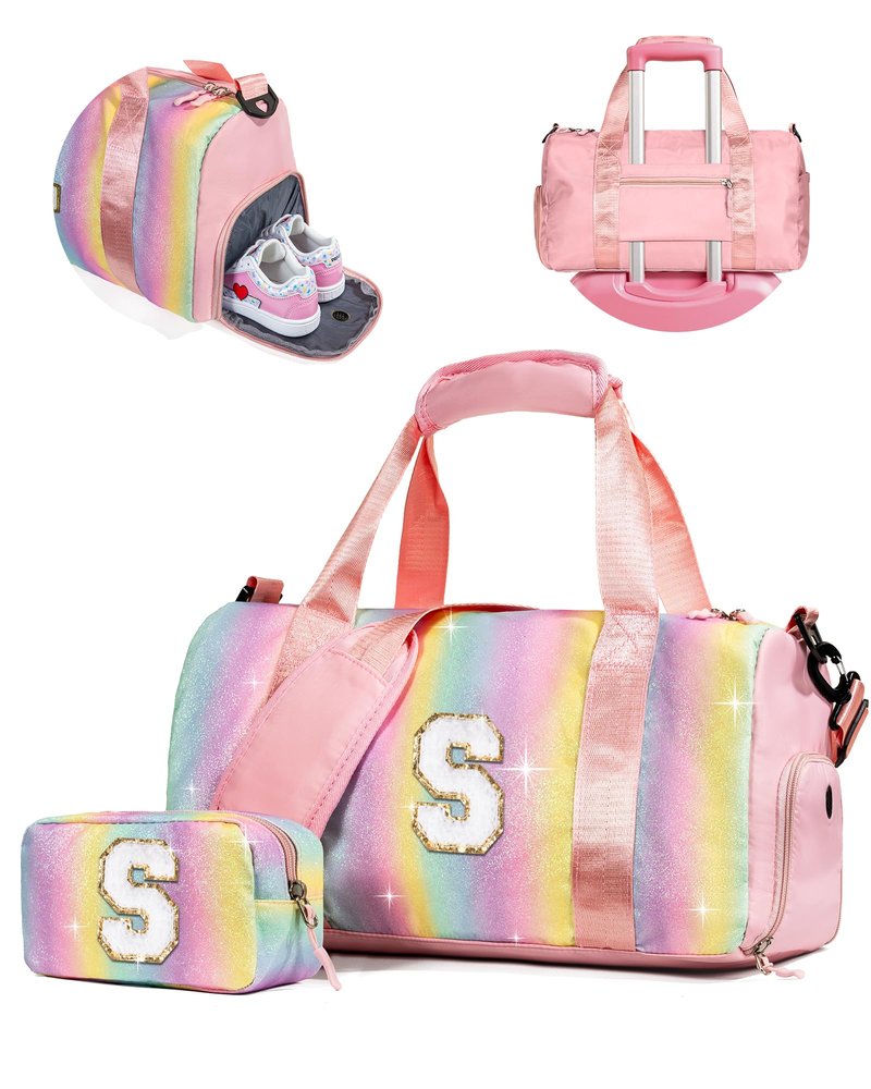 Vogewood Girly Girl Stuff-Girl Gym Bag with Shoe Compartment, Kid Personalized Weekender Overnight Bags, Initial Travel Tote with Makeup Pouch, Gift Ideas for Niece Sister (Letter W)