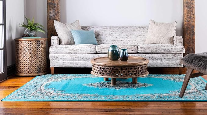 Unique Loom Reza Collection Traditional Persian Style Area Rug, 9 x 12 ft, Turquoise/Ivory