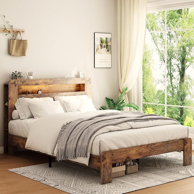 Wood Queen Size Bed Frame with Headboard, Farmhouse Platform Bed Frame with Bookcase Shelf,LED Lights,Charging Station,Heavy Duty Supports,No Box Spring Needed,Dark Brown