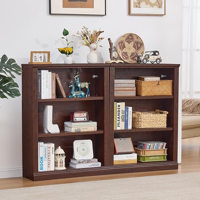 43" Walnut Tall Bookshelf Set of 4,3-Tier Thick Wooden Book Shelf with Adjustable Shelves,Free Standing Farmhouse Bookcase with Open Display Storage,Floor Vintage Bookshelves for Living Room