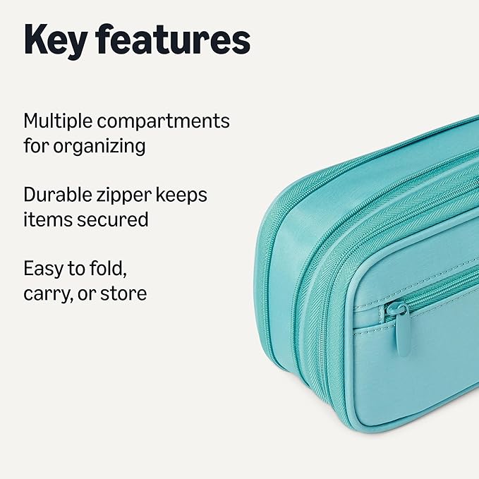 Amazon Basics Large Capacity Pencil Case with Durable Zipper, Multi-Compartment, Cyan Mild