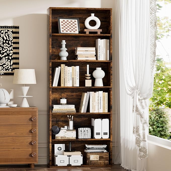 JAMFLY Narrow Tall Bookshelf 6 Shelf Bookcase Vertical Storage, Slim Profile Tall Narrow Storage Unit for Home Office, Living Room, Bedroom, Vintage Brown