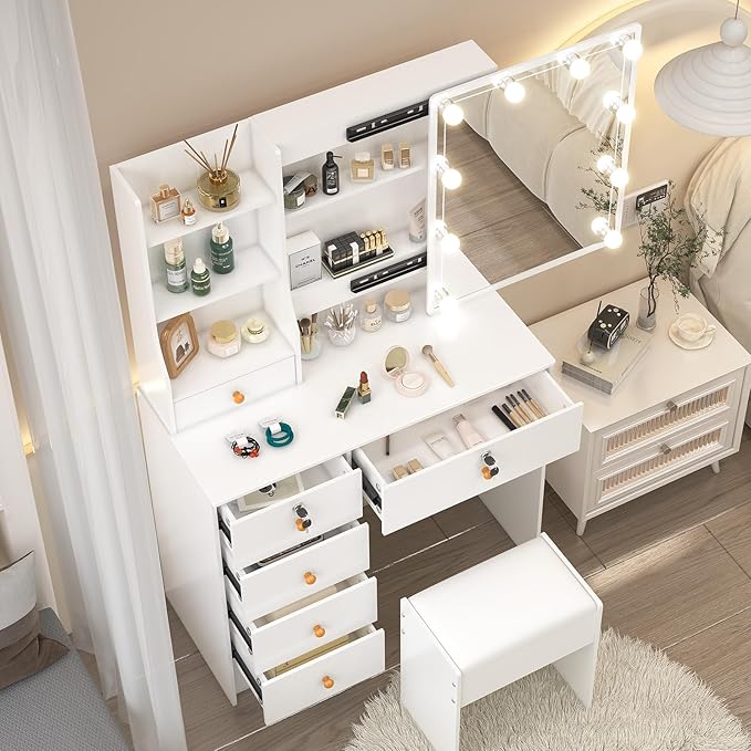 Vanity Set with Mirror and Lights, Vanity Table with Stool, Lighted Mirror 10 Dimmable Bulbs, 6 Drawers, Makeup Vanity Desk for Girls, White Bedroom Dressing Table