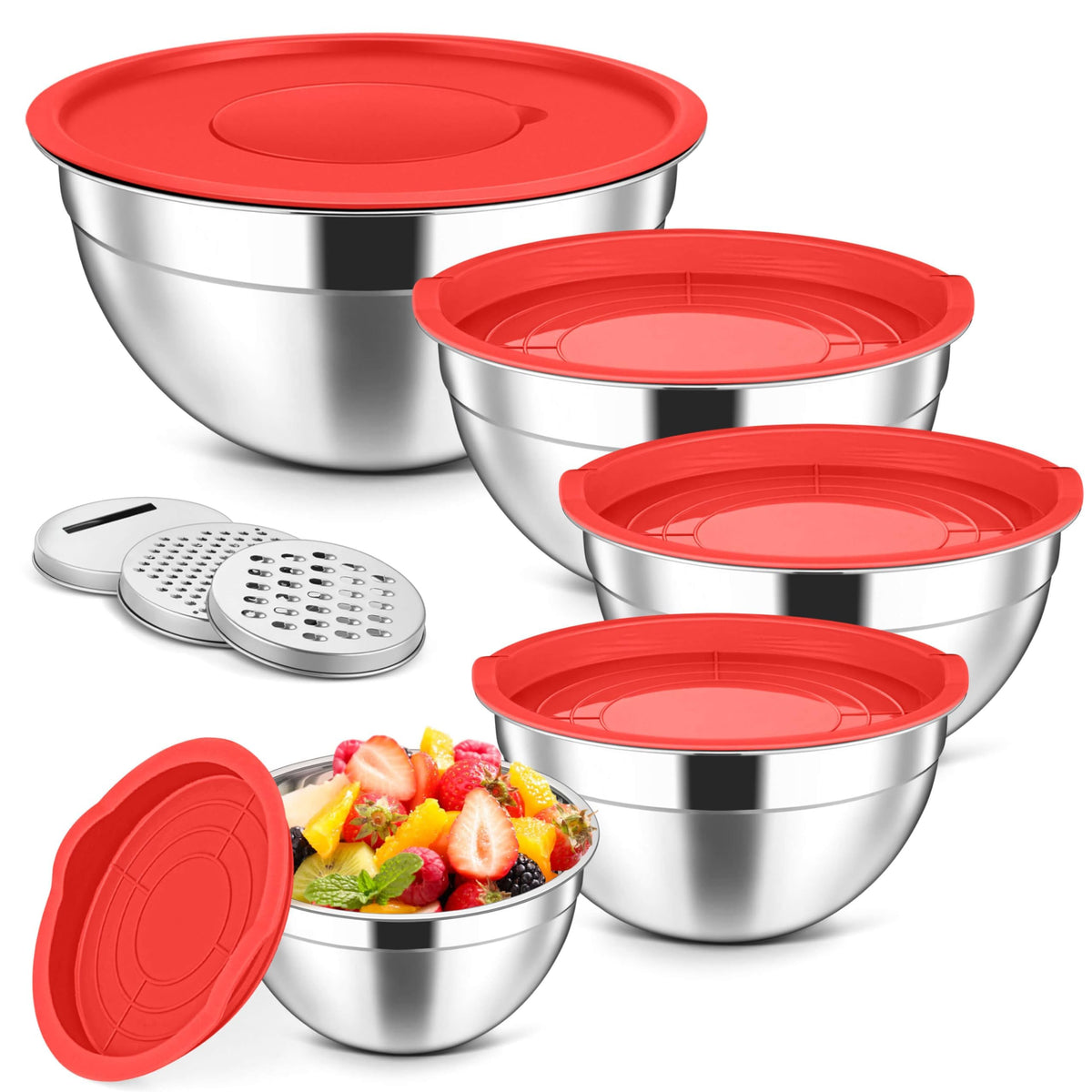 Herogo 5-Piece Mixing Bowls with Airtight Clear Lids, 3 Grater Attachments, Stainless Steel Large Bowls of 5 for Kitchen, Size 4.6, 3.5, 2.5, 2, 1.5QT Ideal for Mixing and Serving, Blue